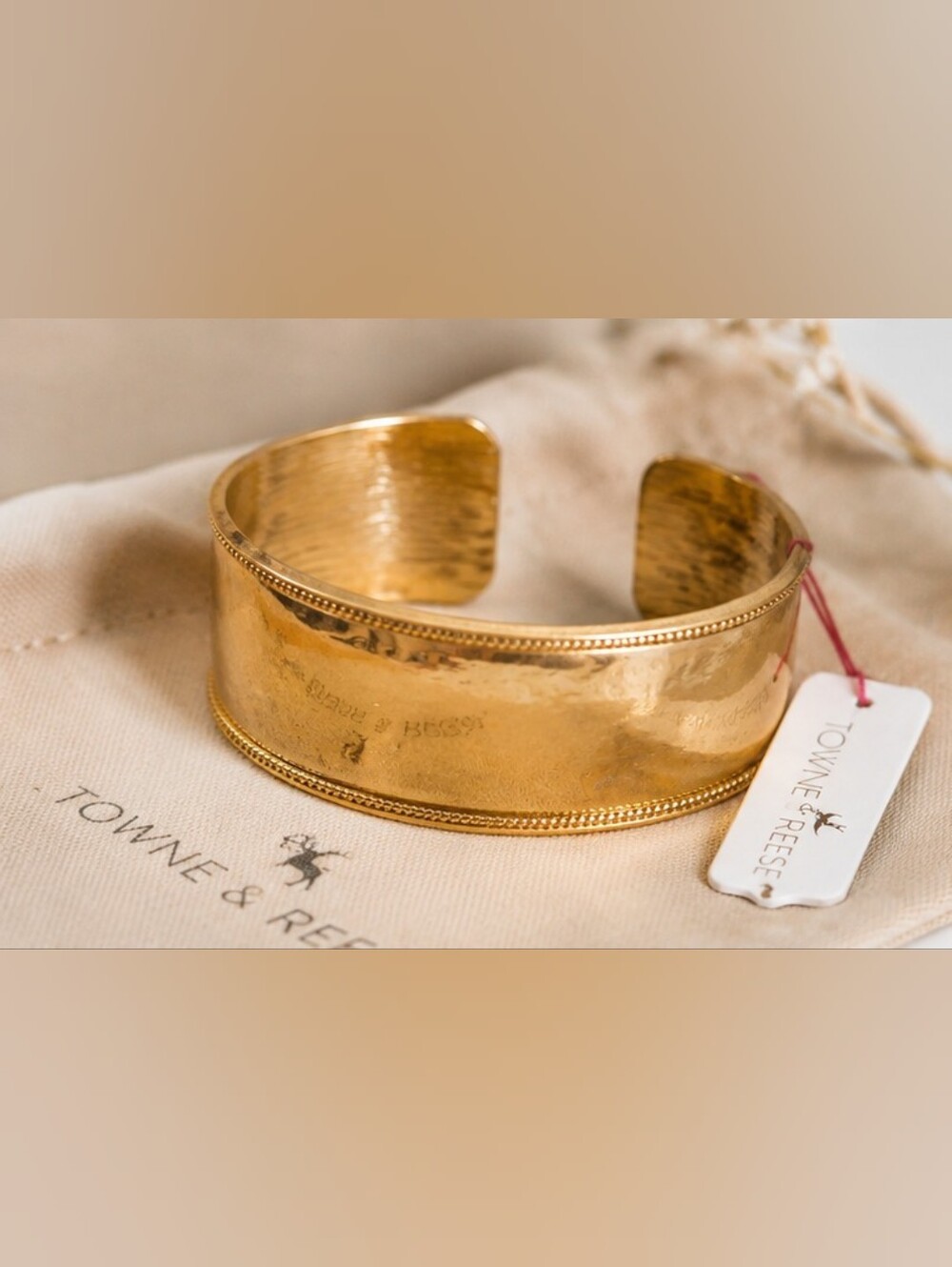 Towne & Reese Gold Tone Hammered Wide Cuff Bracelet Arm Cuff Statement Jewelry